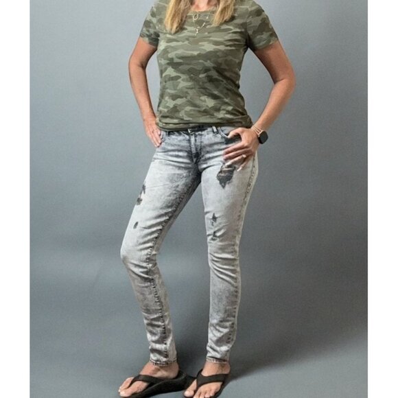 True Religion Jeans Halle Mid Rise Super Skinny Acid Wash size 27 Destroyed - Picture 3 of 6